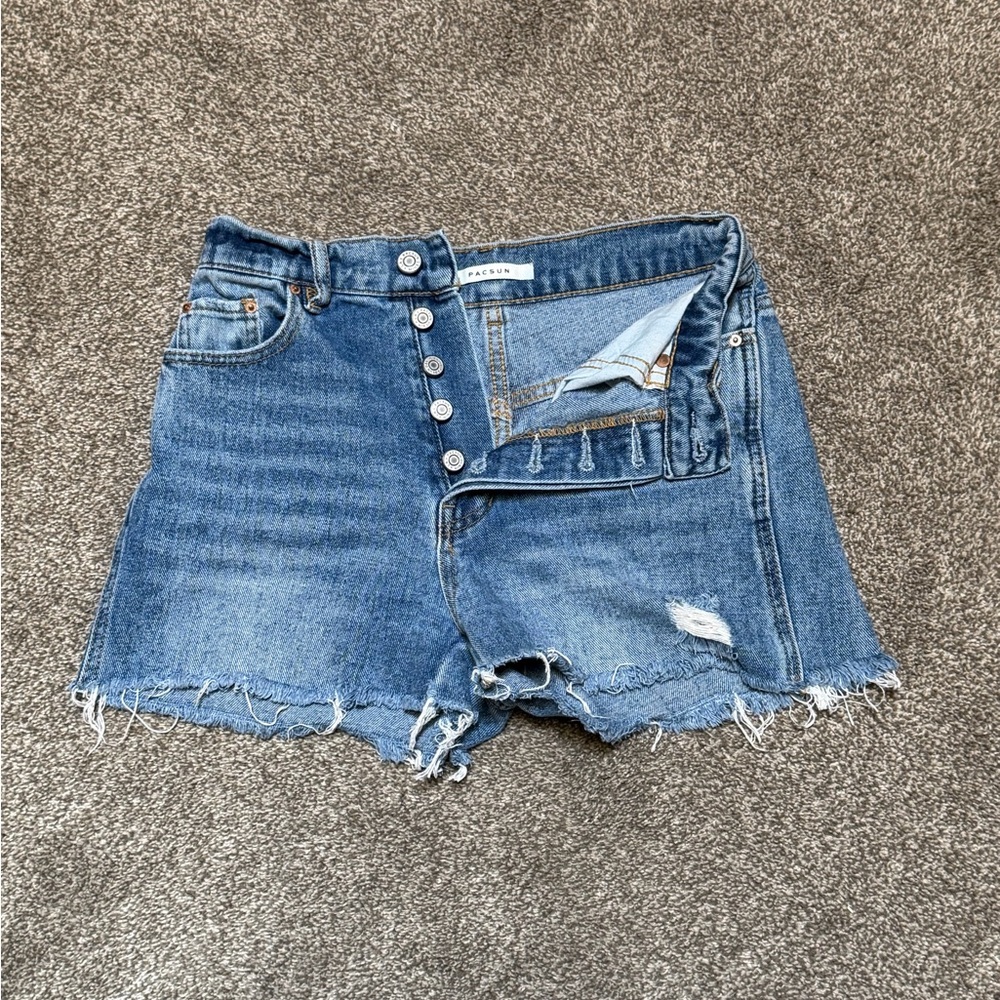 PacSun High-Rise Button-Fly Distressed Denim Shorts in Blue